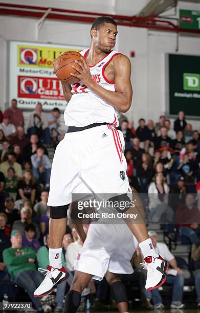 Morris Almond of the Maine Red Claws gathers a defensive rebound against the Springfield Armor during the game on March 21, 2010 at the Portland Expo...