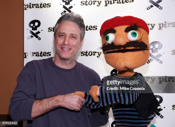 Television host Jon Stuart and Rolo the pirate attend the Story Pirates After School Special Fundraiser at Dixon Place Theater on March 21, 2010 in...
