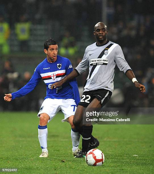 Franco Semioli of UC Sampdoria battles for the ball against Mohammed Sissoko of Juventus FC during the Serie A match between UC Sampdoria and...