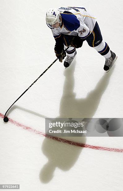 Oshie of the St. Louis Blues warms up before playing against the New Jersey Devils at the Prudential Center on March 20, 2010 in Newark, New Jersey.