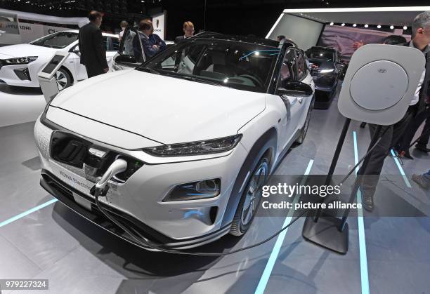 March 2018, Switzerland, Geneva: The electrically driven Hyundai SUV "Kona" is presented on the first press day at the Geneva Motor Show. The 88th...