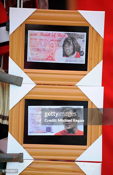 Fake banknotes featuring Wayne Rooney and George Best on sale outside the stadium before the Barclays Premier League match between Manchester United...