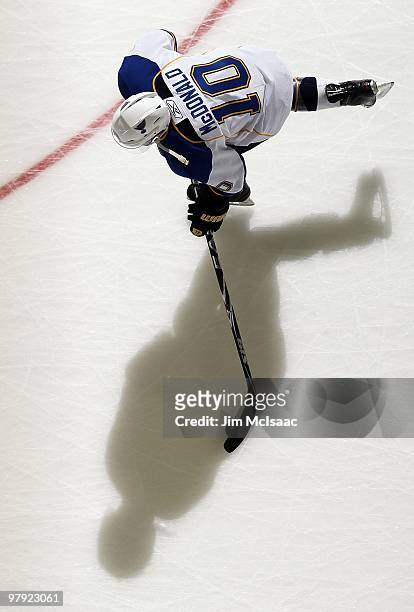Andy McDonald of the St. Louis Blues warms up before playing against the New Jersey Devils at the Prudential Center on March 20, 2010 in Newark, New...