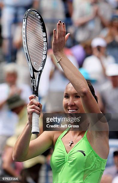 Jelena Jankovic of Serbia celebrates following her victory over Caroline Wozniacki of Denmark during the women's final of the BNP Paribas Open at the...