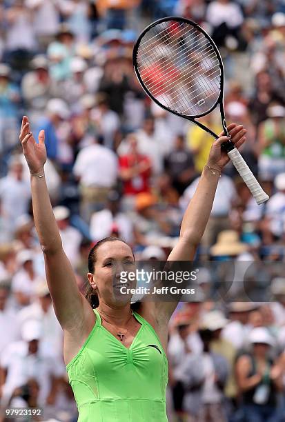 Jelena Jankovic of Serbia celebrates following her victory over Caroline Wozniacki of Denmark during the women's final of the BNP Paribas Open at the...