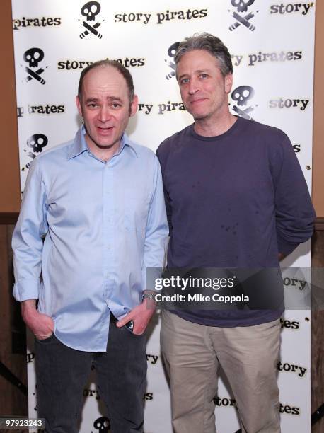 Television host Jon Stuart and comedian Todd Barry the pirate attend the Story Pirates After School Special Fundraiser at Dixon Place Theater on...