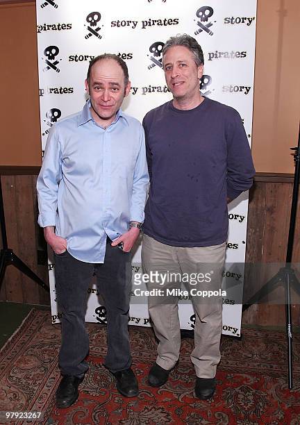 Television host Jon Stuart and comedian Todd Barry the pirate attend the Story Pirates After School Special Fundraiser at Dixon Place Theater on...
