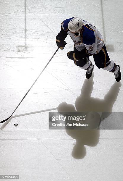 Barret Jackman of the St. Louis Blues warms up before playing against the New Jersey Devils at the Prudential Center on March 20, 2010 in Newark, New...