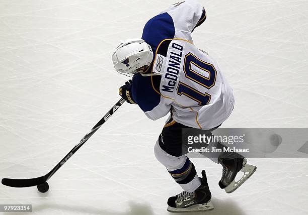 Andy McDonald of the St. Louis Blues warms up before playing against the New Jersey Devils at the Prudential Center on March 20, 2010 in Newark, New...