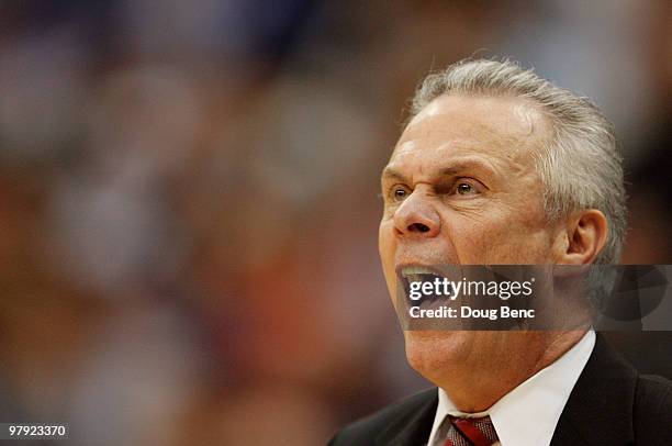 Head coach Bo Ryan of the Wisconsin Badgers reacts to his team falling behind by 20 points late in the game against the Cornell Big Red during the...