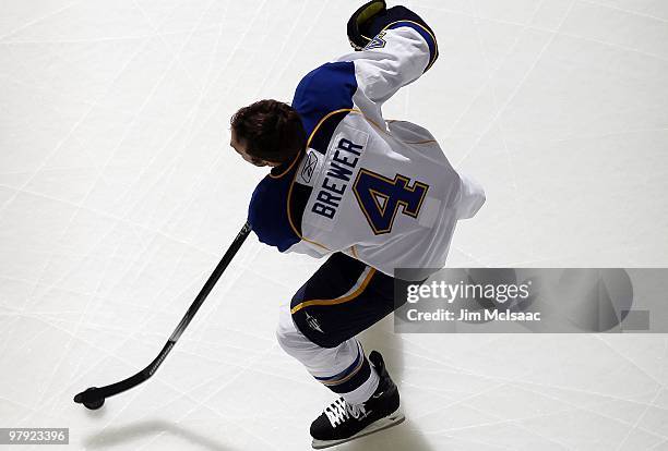 Eric Brewer of the St. Louis Blues warms up before playing against the New Jersey Devils at the Prudential Center on March 20, 2010 in Newark, New...