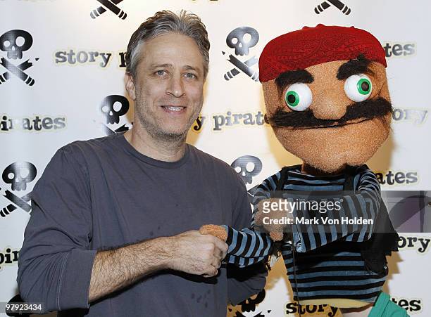 Comedian Jon Stewart and Story Pirates's Rolo attend the Story Pirates "After School Special" Fundraiser at the Dixon Place Theater on March 21, 2010...