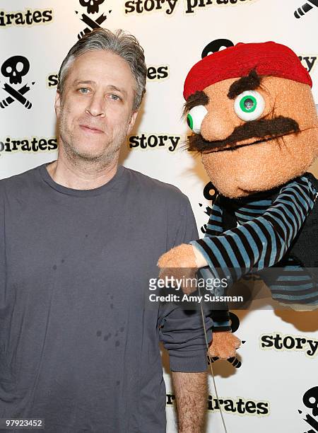 The Daily Show's Jon Stewart and Rolo the Pirate attend the Story Pirates ''After School Special'' fundraiser at Dixon Place Theater on March 21,...