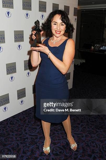 Samantha Spiro poses with the Best Actress In A Musical Award for Hello Dolly! during The Laurence Olivier Awards, at the Grosvenor House Hotel on...