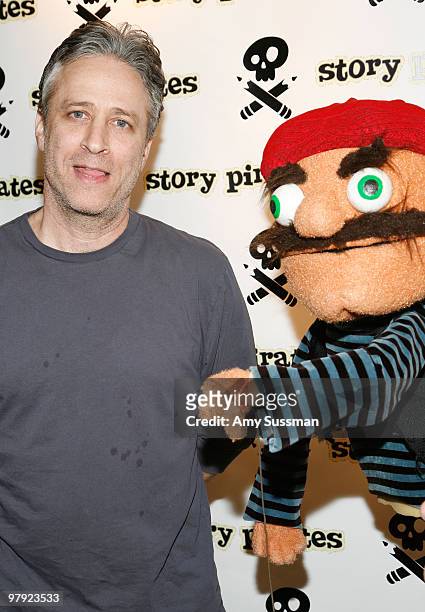 The Daily Show's Jon Stewart and Rolo the Pirate attend the Story Pirates ''After School Special'' fundraiser at Dixon Place Theater on March 21,...