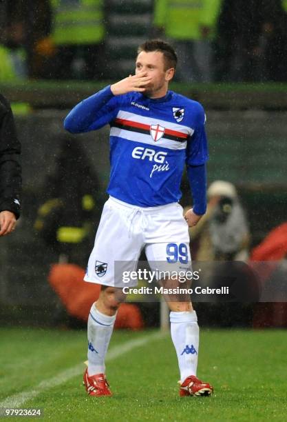 Antonio Cassano of UC Sampdoria celebrates scoring the opening goal sending kisses toward his girlfriend during the Serie A match between UC...