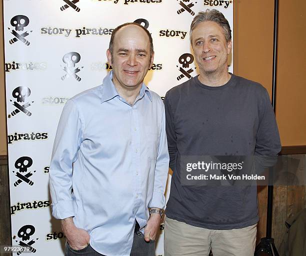 Comedian Todd Berry and comedian Jon Stewart attend the Story Pirates "After School Special" Fundraiser at the Dixon Place Theater on March 21, 2010...