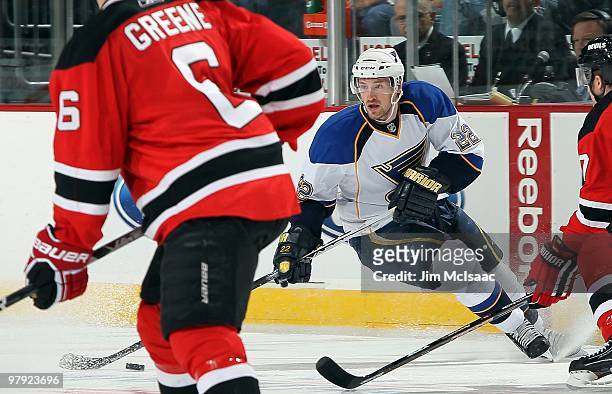 Brad Boyes of the St. Louis Blues skates against the New Jersey Devils at the Prudential Center on March 20, 2010 in Newark, New Jersey. The Blues...