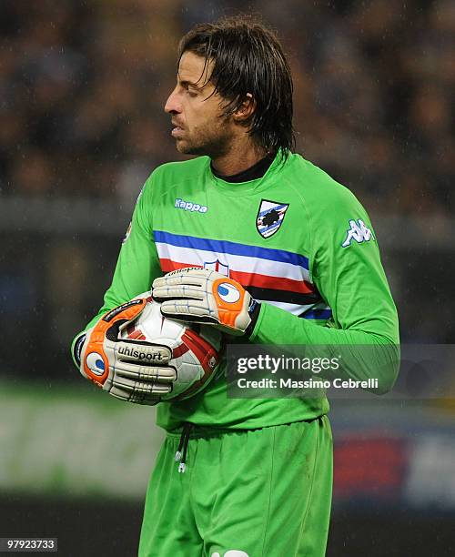 Marco Storari of UC Sampdoria holds the ball during the Serie A match between UC Sampdoria and Juventus FC at Stadio Luigi Ferraris on March 21, 2010...