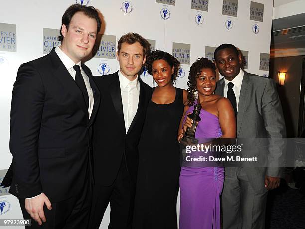 Paul Dacre, Lorraine Burroughs, Katori Hall and David Harewoood pose with the Best New Play Award for Mountaintop presented by Jude Law during The...