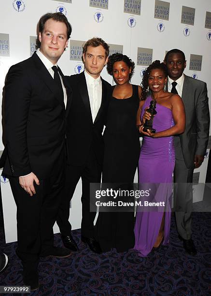 Paul Dacre, Lorraine Burroughs, Katori Hall and David Harewoood pose with the Best New Play Award for Mountaintop presented by Jude Law during The...