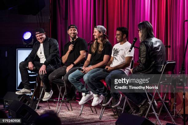 Marley D. Williams, Wesley Finley, Rory Carey, Eric Rachmany and Scott Goldman speak during an evening with Rebelution at The GRAMMY Museum on June...