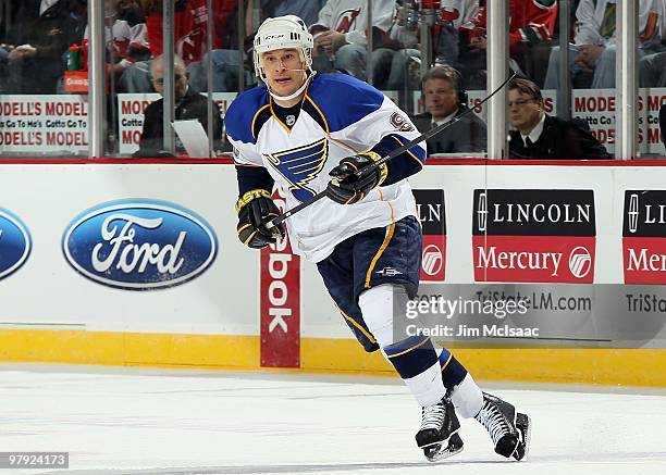 Paul Kariya of the St. Louis Blues skates against the New Jersey Devils at the Prudential Center on March 20, 2010 in Newark, New Jersey. The Blues...