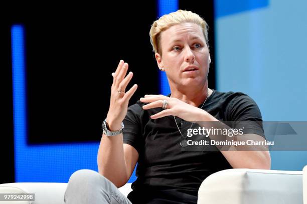 Soccer Champion, Olympic Gold Medalist & World Cup Champion Abby Wambach speaks onstage during the Wasserman session at the Cannes Lions Festival...