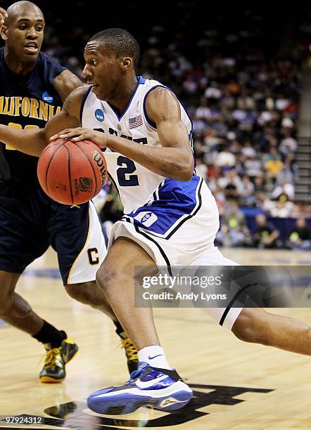 Nolan Smith of the Duke Blue Devils drives against Patrick Christopher of the California Golden Bears during the second round of the 2010 NCAA men's...