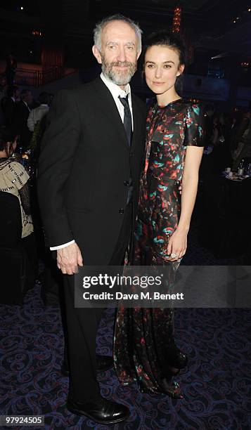 Jonathan Pryce and Keira Knightley attend The Laurence Olivier Awards, at the Grosvenor House Hotel on March 21, 2010 in London, England.