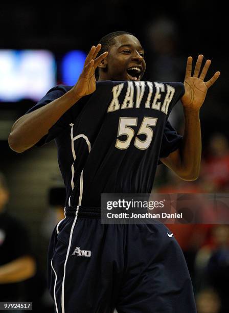 Jordan Crawford of the Xavier Musketeers reacts after defeating the Pittsburgh Panthers during the second round of the 2010 NCAA men's basketball...
