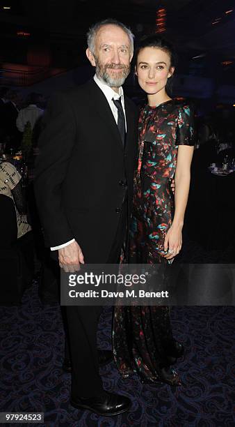 Jonathan Pryce and Keira Knightley attend The Laurence Olivier Awards, at the Grosvenor House Hotel on March 21, 2010 in London, England.