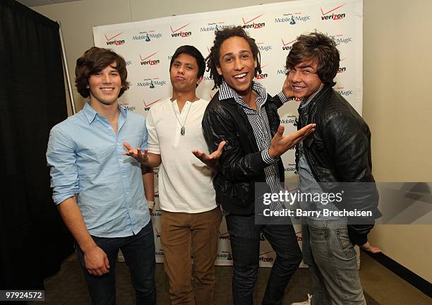 Zach Porter, Michael Martinez, Nathan Darmody and Cameron Quiseng of Allstar Weekend attend Verizon's ''Experience the Magic'' tour celebrating...