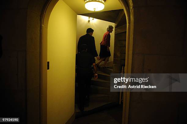 Health and Human Services Secretary Kathleen Sebelius walks up the stairs on her way to a meeting with Speaker of the House Rep. Nancy Pelosi March...