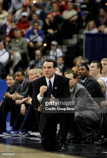Head coach Mike Krzyzewski of the Duke Blue Devils reacts to the play of his team while facing the California Golden Bears during the second round of...