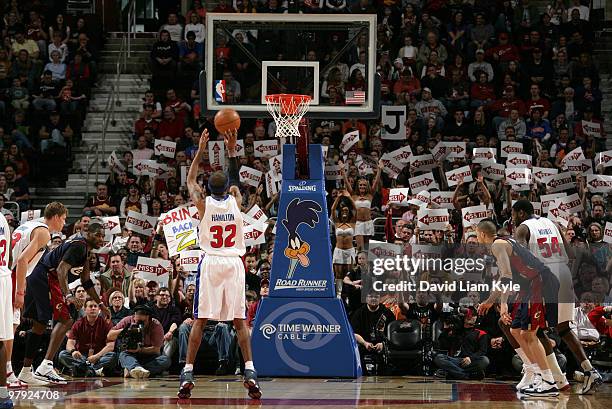 Fans of the Cleveland Cavaliers try to effect the outcome of a free throw attempt by Richard Hamilton of the Detroit Pistons on March 21, 2010 at The...