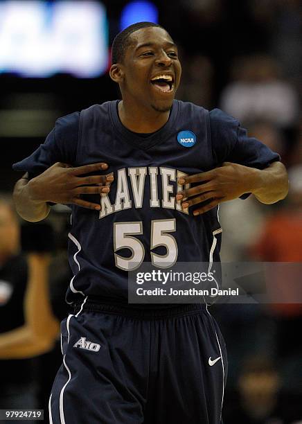 Jordan Crawford of the Xavier Musketeers reacts after defeating the Pittsburgh Panthers during the second round of the 2010 NCAA men's basketball...