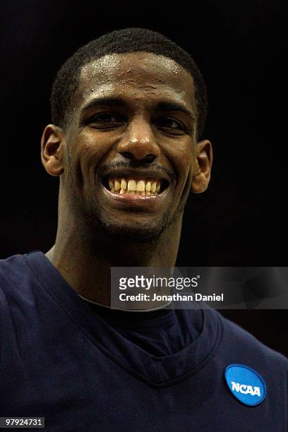 Dante Jackson of the Xavier Musketeers celebrates after defeating the Pittsburgh Panthers during the second round of the 2010 NCAA men's basketball...