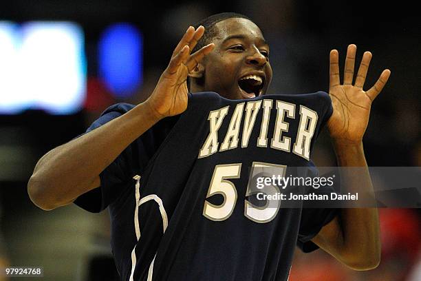 Jordan Crawford of the Xavier Musketeers reacts after defeating the Pittsburgh Panthers during the second round of the 2010 NCAA men's basketball...