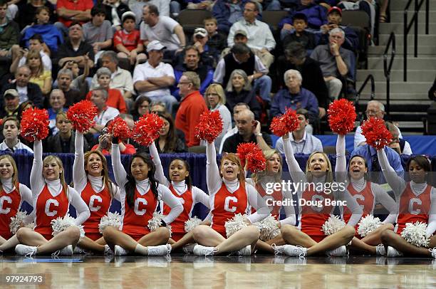 Cheerleaders for the Cornell Big Red celebrate after a made basket while taking on the Wisconsin Badgers during the second round of the 2010 NCAA...