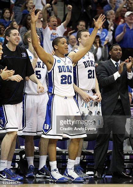 Andre Dawkins of the Duke Blue Devils celebrates in the game against the California Golden Bears during the second round of the 2010 NCAA men's...