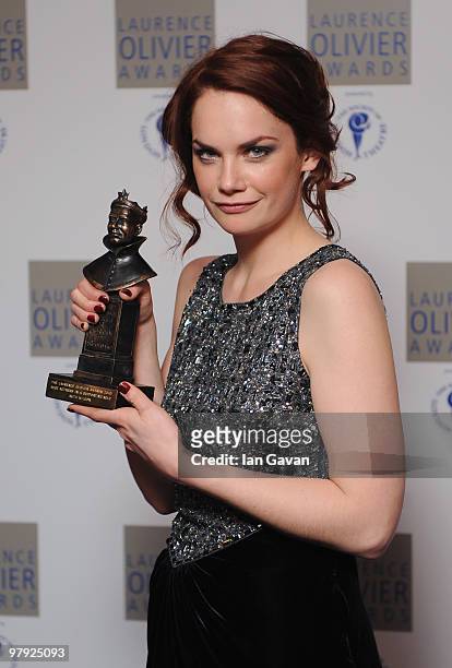Ruth Wilson poses with her 'Best Actress in a Supporting Role' during the Laurence Olivier Awards at The Grosvenor House Hotel, on March 21, 2010 in...