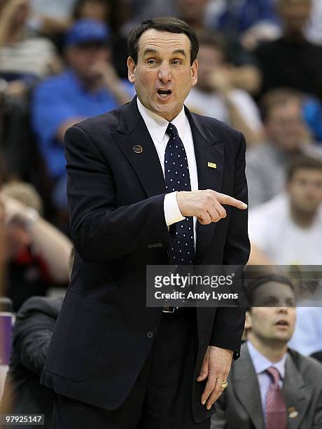 Mike Krzyzewski the Head Coach of the Duke Blue Devils gives instructions to his team in the game against the California Golden Bears during the...
