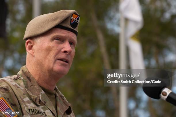 Close-up photograph of US Special Operations commander Raymond A Thomas III speaking during a Memorial Day ceremony at MacDill Air Force Base,...