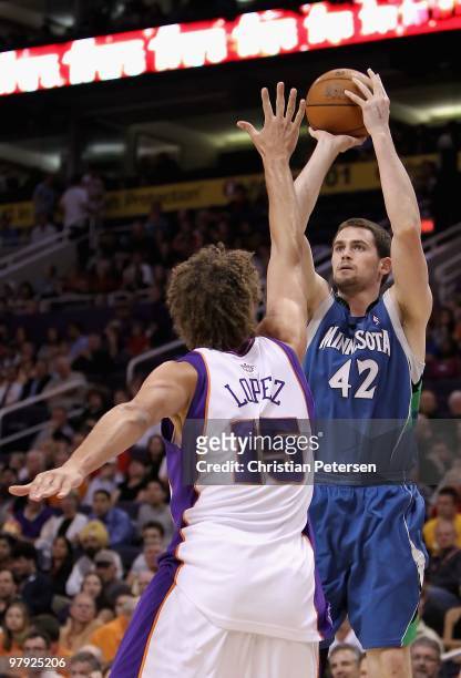 Kevin Love of the Minnesota Timberwolves puts up a shot during the NBA game against the Phoenix Suns at US Airways Center on March 16, 2010 in...