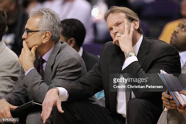 Head coach Kurt Rambis of the Minnesota Timberwolves reacts during the NBA game against the Phoenix Suns at US Airways Center on March 16, 2010 in...