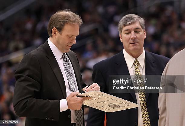Head coach Kurt Rambis and Bill Laimbeer of the Minnesota Timberwolves during the NBA game against the Phoenix Suns at US Airways Center on March 16,...