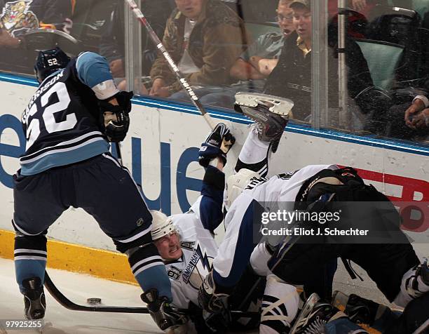 Steven Stamkos of the Tampa Bay Lightning collides with teammate Zenon Konopka against the Florida Panthers at the BankAtlantic Center on March 21,...