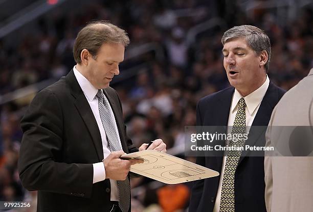 Head coach Kurt Rambis and Bill Laimbeer of the Minnesota Timberwolves during the NBA game against the Phoenix Suns at US Airways Center on March 16,...