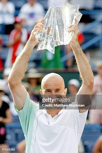 Ivan Ljubicic of Croatia celebrates his win over Andy Roddick during the final of the BNP Paribas Open on March 21, 2010 at the Indian Wells Tennis...
